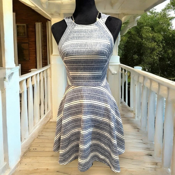 Altard State Blue Striped Fit & Flare Dress Small Keyhole Back - Picture 1 of 5
